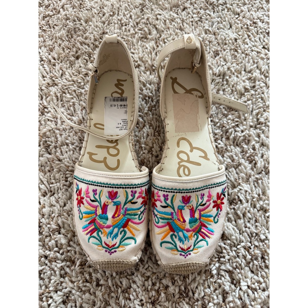 Sam Edelman Embroidered‎ Espadrille Flats Ankle Strap Cream Multi Women's 8.5